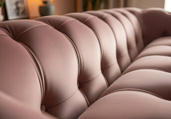 Obraz premium Detailed view of a plush, tufted pink velvet sofa, highlighting its deep buttoning and soft, inviting curves, offering a sense of comfort and elegant vintage charm