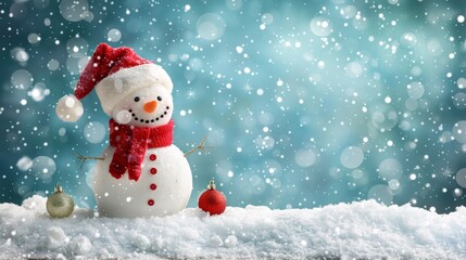 Fototapeta premium Joyful holiday greeting card featuring a cheerful snowman in a winter wonderland landscape