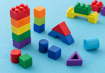 Obraz premium A colorful assortment of childrens building blocks, including stacking bricks, cylinders, and geometric shapes, arranged on a light blue textured surface