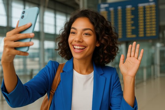 Cheerful woman taking a selfie at airport terminal travel inspiration digital content modern environment upbeat viewpoint - Powered by Adobe