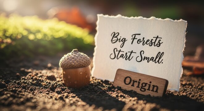 An acorn resting on the ground next to handwritten inspirational text - Powered by Adobe