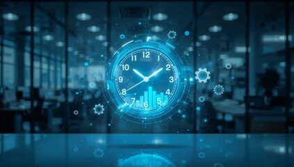 Futuristic Holographic Clock with Data Analytics Glowing in a Dark Modern Office.