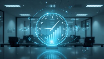 Holographic Clock Displaying Growth Chart in Modern Office, Futuristic Time Management Concept.