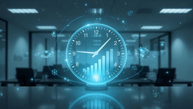 Holographic Clock Displaying Growth Chart in Modern Office, Futuristic Time Management Concept. - Powered by Adobe