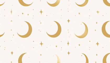 A seamless pattern of golden crescent moons and scattered stars on a white background.