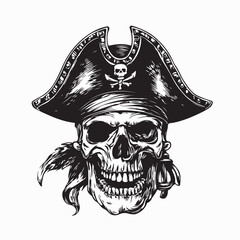 Skull wearing pirate hat vector illustration on white background