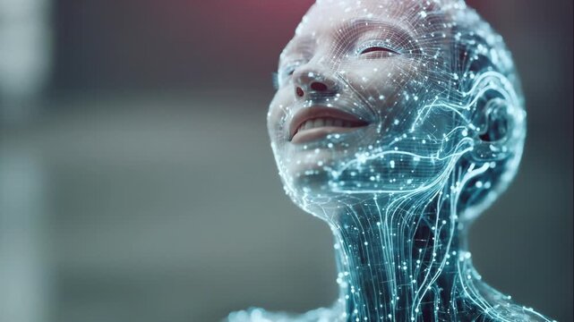 A smiling android face covered in light circuits.