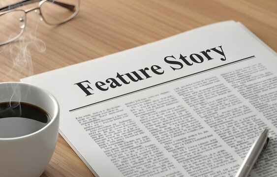 A newspaper with the headline Feature Story
