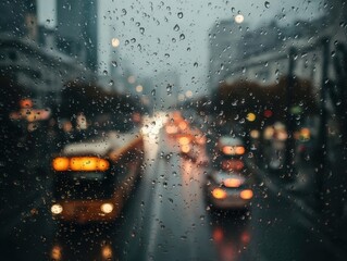 Rainy City Street View Through Wet Window Droplets Urban Traffic Blurred Buildings Vehicles Bokeh Lights Gloomy Day Atmosphere