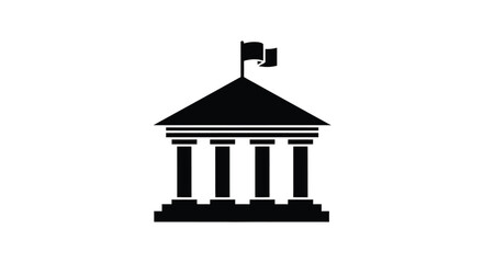 Simple black silhouette of a classical building with flags on top