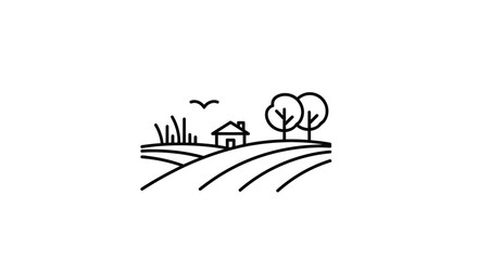 Simple black and white illustration of a house in a rural landscape