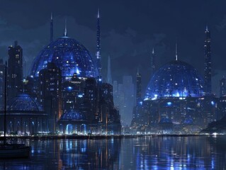 Fototapeta premium Futuristic Waterfront City - Illuminated Blue Domes Architecture - Advanced Metropolis Reflecting Water - Night Urban Landscape Innovative Buildings - Modern Skyline Lakeside View