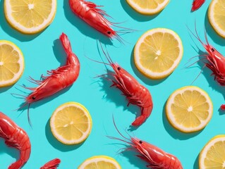 Fresh Pink Shrimp and Bright Yellow Lemon Slices Create a Vibrant, Repetitive Pattern on a Turquoise Blue Background, Offering a Lively Culinary Flat Lay Arrangement