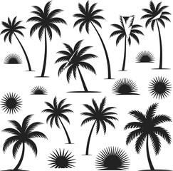 Palm tree silhouettes with sun icons, tropical beach design set, exotic summer holiday elements, black nature graphic, island landscape illustration