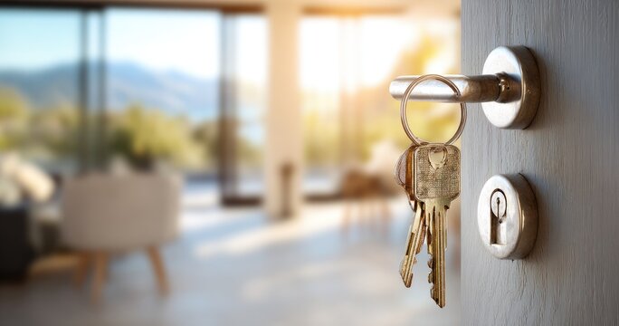 Keys in a modern door, access to a home with a view