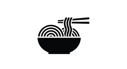 A simple black and white illustration of noodles in a bowl with chopsticks