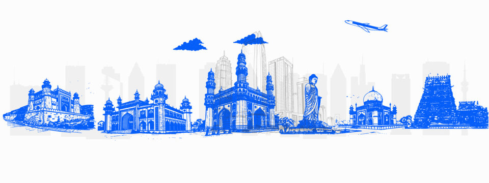 Hyderabad Skyline with Charminar, Golconda Fort, and Hussain Sagar Lake &ndash; Cultural Tourism Landmark Art for Travel and Promotion