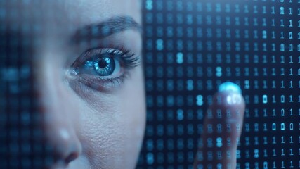 Close-up: blue eye scanning binary code. - Powered by Adobe