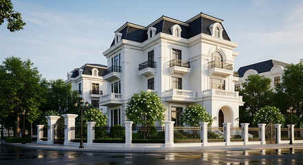 Elegant architecture: A majestic building exudes a sense of prestige with its detailed design, lush greenery and timeless architecture.