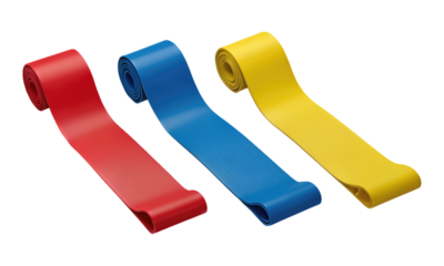 Red, Blue, and Yellow Resistance Bands with Ribbed Texture, on Transparent Background, 3D Realism Exercise Equipment Asset