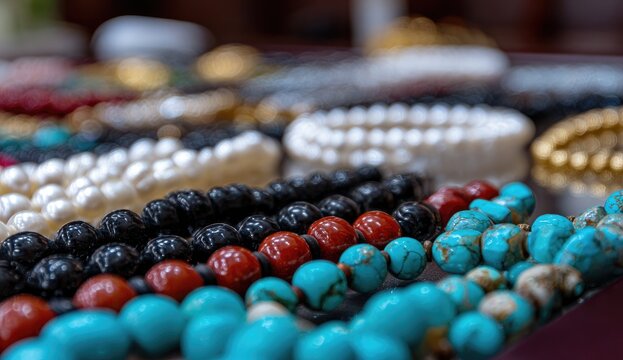 Close-up of various beaded bracelets in vibrant colors