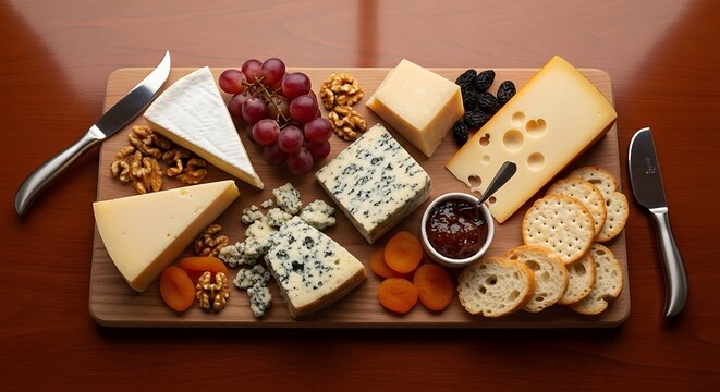 A beautifully arranged cheese board featuring a variety of cheeses, fruits, nuts, and crackers.