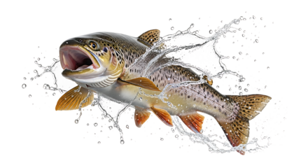 Leaping trout fish splashing water isolated on transparent background