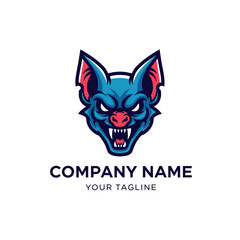 A stylized illustration of a fierce blue bat head with sharp teeth, suitable for a company logo.