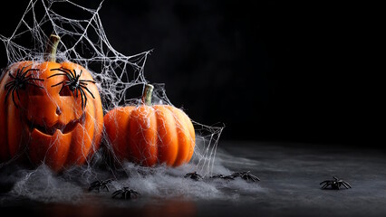 Pumpkins decorated with spider webs and spiders create a Halloween atmosphere. The dark background emphasizes the spooky theme.