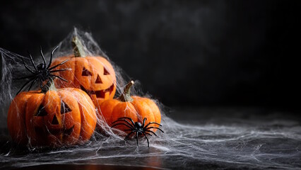 Pumpkins decorated with spider webs and spiders create a Halloween atmosphere. The dark background emphasizes the spooky theme.