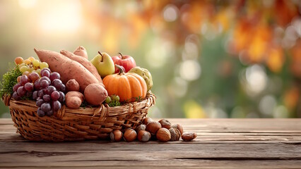 Keranjang anyaman berisi buah-buahan hasil panen, seperti anggur, ubi jalar, dan pir, diletakkan di atas meja kayu. 