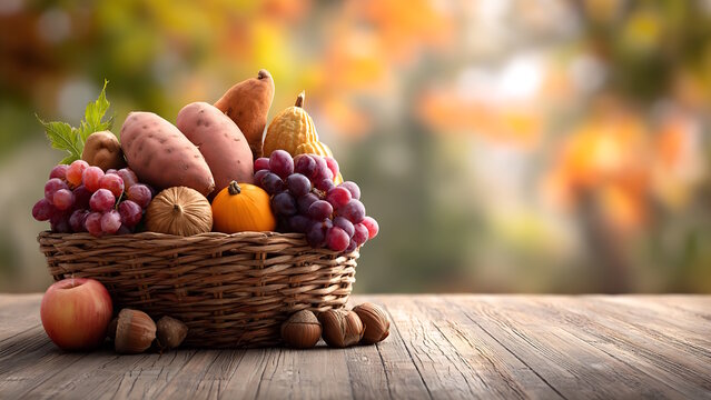 Keranjang anyaman berisi buah-buahan hasil panen, seperti anggur, ubi jalar, dan pir, diletakkan di atas meja kayu. 