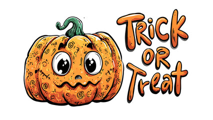 Cute cartoon pumpkin with big eyes and "Trick or Treat" written on it, perfect for Halloween.
