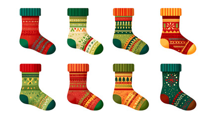 Colorful knitted Christmas socks arranged in two rows on a transparent background.