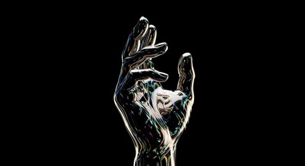 Close-up of a striking liquid metal hand reaching upwards in a dark, mysterious digital render, conveying abstract connection and modern digital themes.