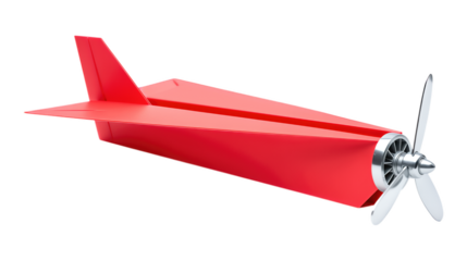 Red Paper Airplane with White Propeller, Glossy Cutout on Transparent Background, Minimalist Design Element