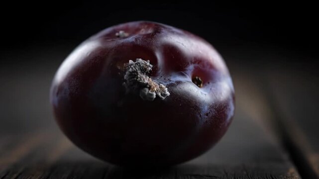 Time-lapse of a Plum Deteriorating on a Wooden Surface in Dark Setting for Food Concept