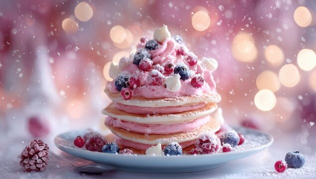 Festive pink pancake stack topped with whipped cream, berries, and meringue, snow-dusted background