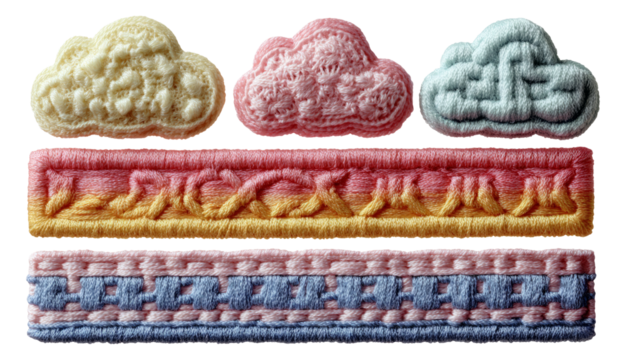Colorful Decorative Embroidered Clouds and Ribbon Shapes on Transparent Background