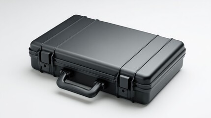 A closed, rectangular, black case with a handle and two latches sits on a white background, likely for protecting equipment