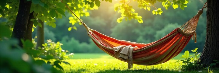 Serene Hammock Swaying Gently in Lush Green Garden Sunlight, Perfect Relaxation and Tranquility