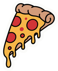 Illustration of a delicious cheesy pizza slice with pepperoni topping on a yellow background design