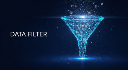 Abstract data filter funnel digital technology concept with glowing particles isolated on dark blue background