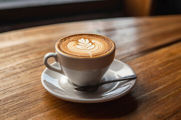 Close up of a latte with intricate foam art on a wooden table coffee cappuccino