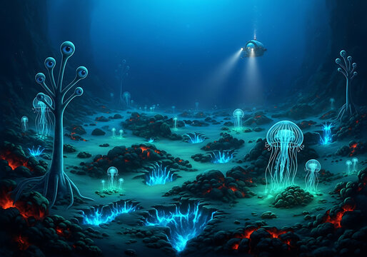 An otherworldly deepsea landscape illuminated by a submersibles light, revealing bioluminescent flora and alienlike jellyfish pulsating with ethereal blue and green glows amidst volcanic vents