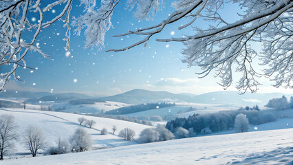 A serene winter landscape featuring snowcovered hills, trees with frostcovered branches, and gentle snowfall, creating a peaceful and picturesque scene