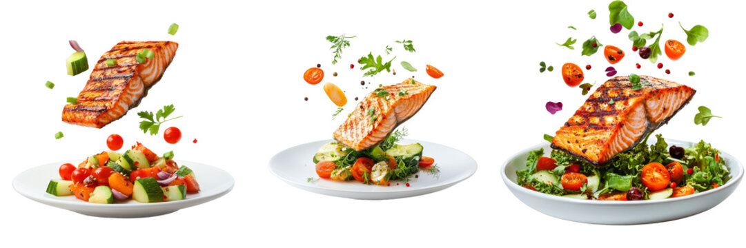 Grilled Salmon Dishes with Fresh Salads, isolated on transparent background. Health Food, Gourmet Meal, Protein
