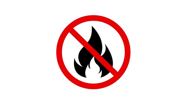 no fire allow ignition prohibition sign. Animation of Fire is prohibition Sign on white Screen. Caution Sign For Prohibiting The Use Of Open Flames And Sparks.