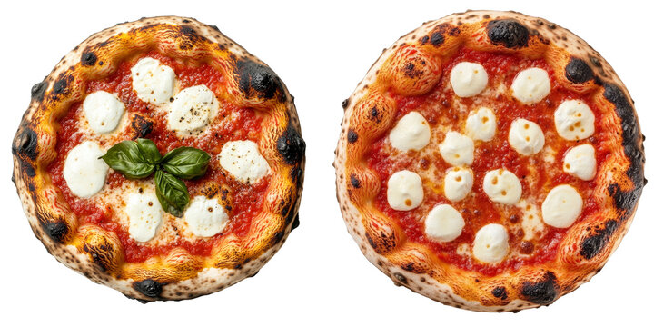 Neapolitan Margherita Pizzas, top view, with fresh basil, isolated on transparent background, delicious, artisanal, italian food, pizza margherita, isolated, food photography, basil, cheese, tomato, d
