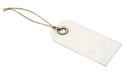 Blank white price tag mockup with string and metal grommet. Realistic label template for branding, clothing tags, and product packaging design. Isolated on transparent background (PNG) for easy custom